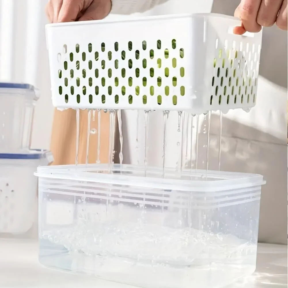 Fruit Storage Container Fridge Produce Keeper Leakproof Food Saver Clear White